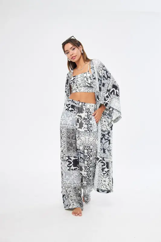 Kimono 3 Piece Bustier Black Patterned Color Bottom-Top Set (MEDINA SILK)-BLACK PATTERNED - 7
