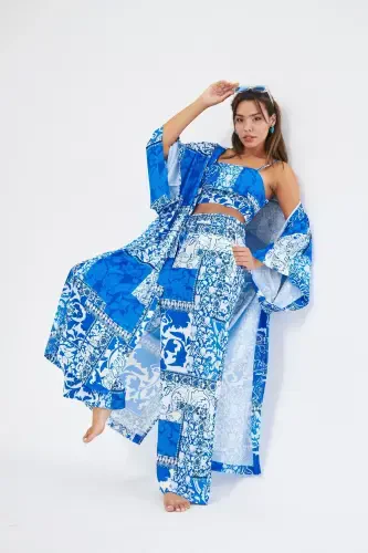 Kimono 3 Piece Bustier Blue Patterned Set (MEDINE SILK)-BLUE PATTERNED - 3