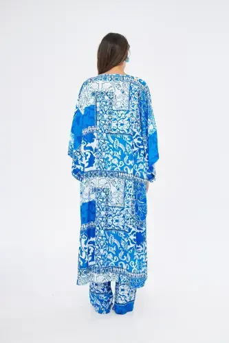 Kimono 3 Piece Bustier Blue Patterned Set (MEDINE SILK)-BLUE PATTERNED - 5