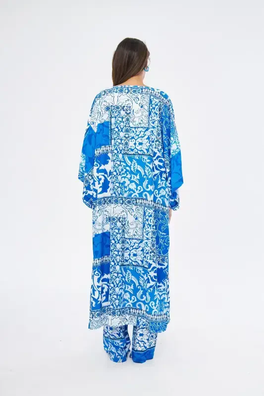 Kimono 3 Piece Bustier Blue Patterned Set (MEDINE SILK)-BLUE PATTERNED - 5