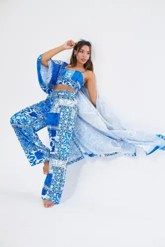 Kimono 3 Piece Bustier Blue Patterned Set (MEDINE SILK)-BLUE PATTERNED - 7