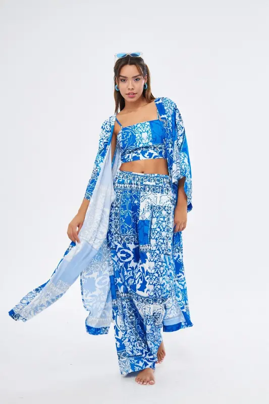 Kimono 3 Piece Bustier Blue Patterned Set (MEDINE SILK)-BLUE PATTERNED - 1