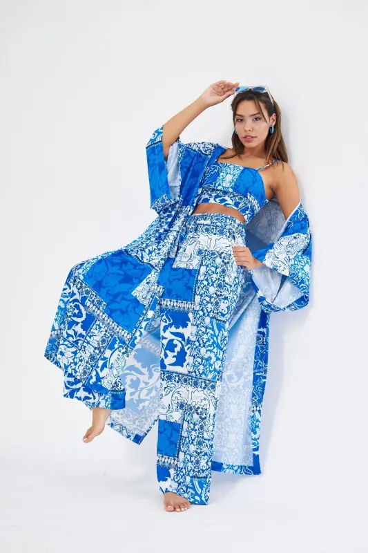 Kimono 3 Piece Bustier Blue Patterned Set (MEDINE SILK)-BLUE PATTERNED - 3