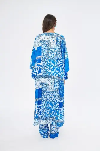 Kimono 3 Piece Bustier Blue Patterned Set (MEDINE SILK)-BLUE PATTERNED - 5