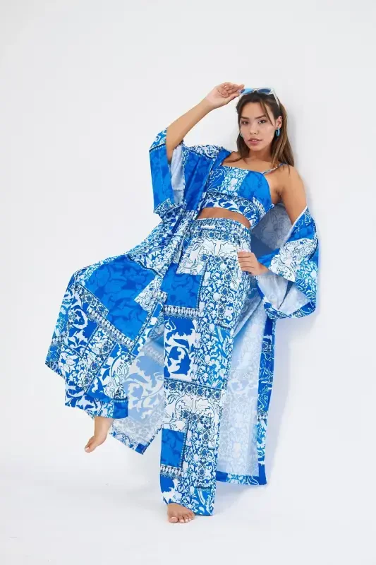 Kimono 3 qismli byustgalterli ko'k naqshli pastki-yuqori kostyum (MADINA IPAGI) - KO'K NAQSHLI - 3