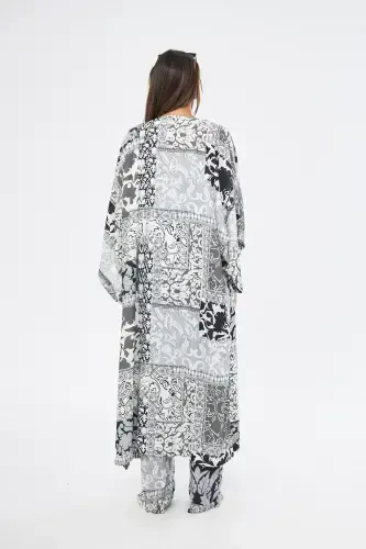 Kimono 3 qismli byustgalterli qora naqshli rangli pastki-yuqori kostyum (MADINA IPAK)-QORA NAQSHLI - THE CHAMP CLOTHING (1)