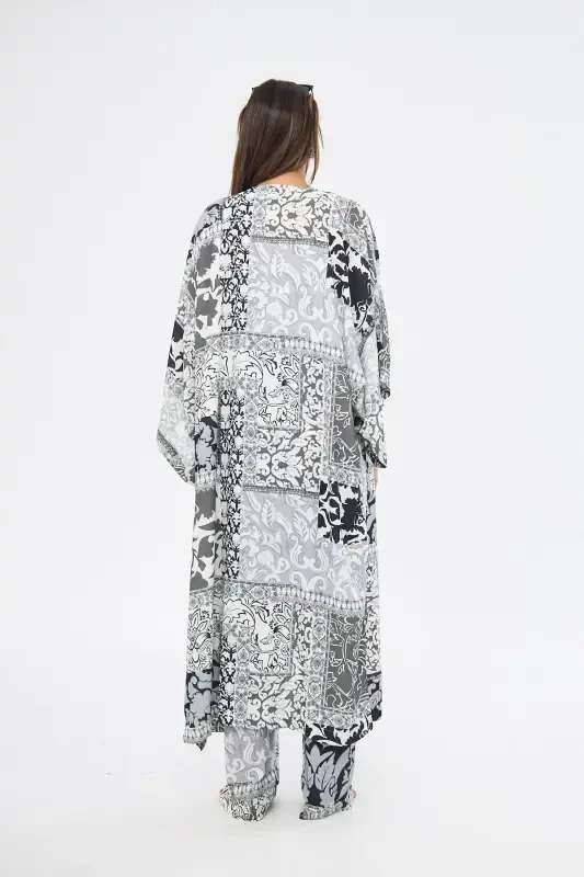 Kimono 3 qismli byustgalterli qora naqshli rangli pastki-yuqori kostyum (MADINA IPAK)-QORA NAQSHLI - 2