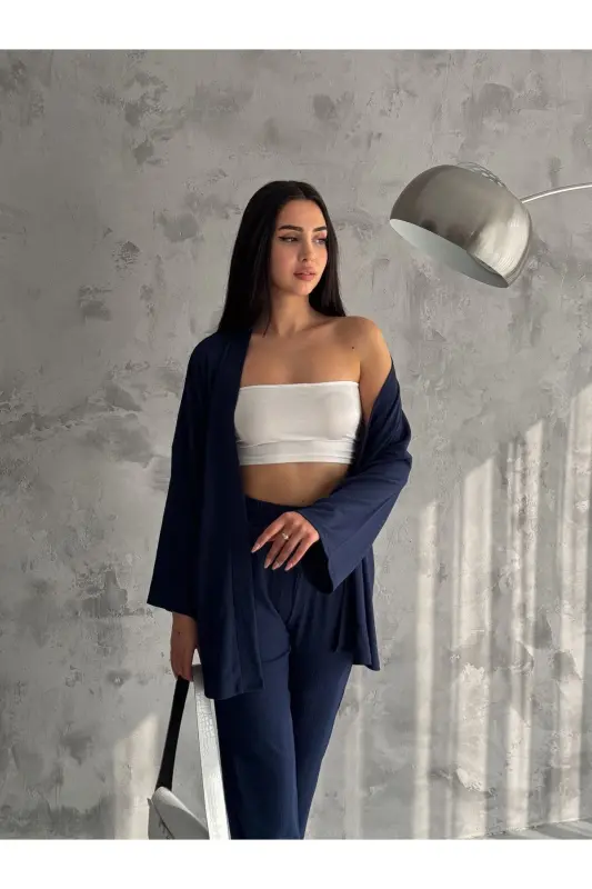 Kimono Bürümcük Takım Elbise-LACİVERT - ALENMODA