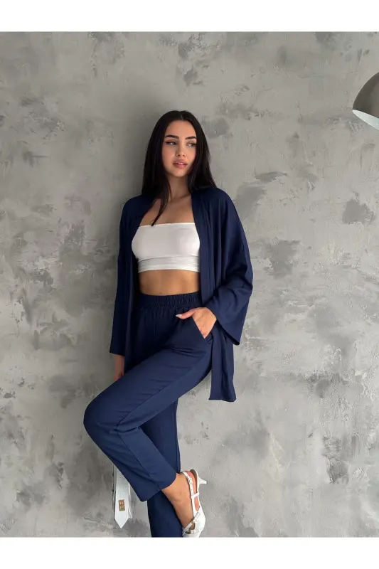 Kimono Bürümcük Takım Elbise-LACİVERT - 3