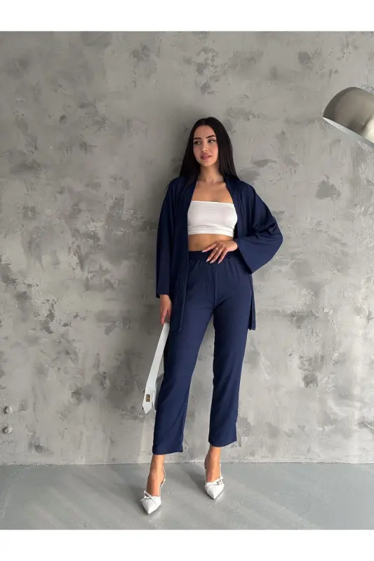 Kimono Bürümcük Takım Elbise-LACİVERT - 4