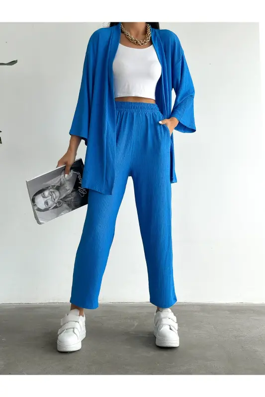 Kimono Bürümcük Takım Elbise-mavi - ALENMODA