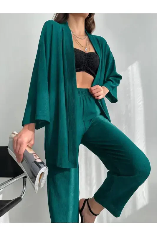 Kimono Bürümcük Takım Elbise-PETROL YEŞİLİ - ALENMODA
