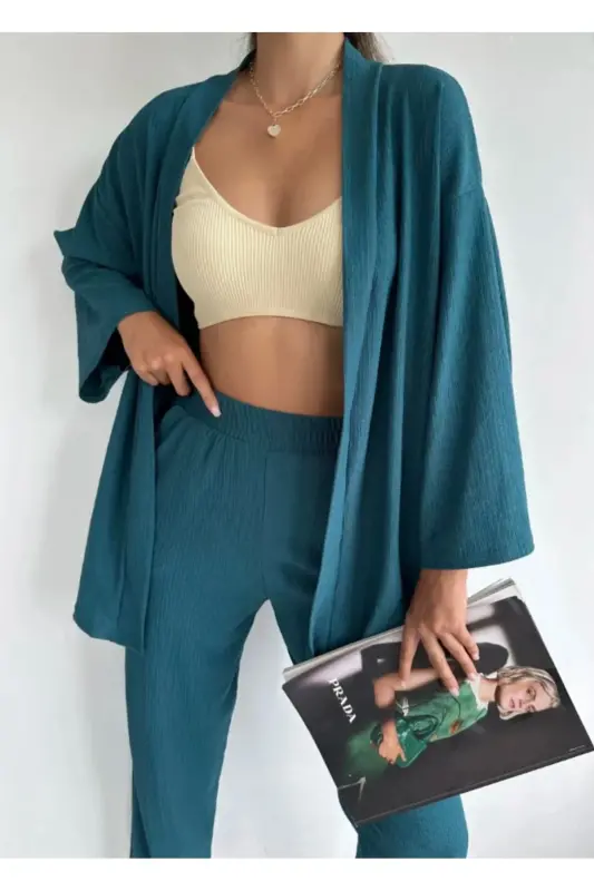 Kimono Bürümcük Takım Elbise-PETROL YEŞİLİ - 3