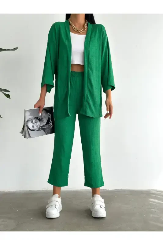 Kimono Bürümcük Takım Elbise-yeşil - ALENMODA