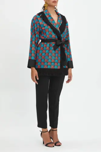 Kimono Jacquard Plaid Pattern Turquoise Waist Drawstring Tassel Detail Collar Blazer 40281 - 1