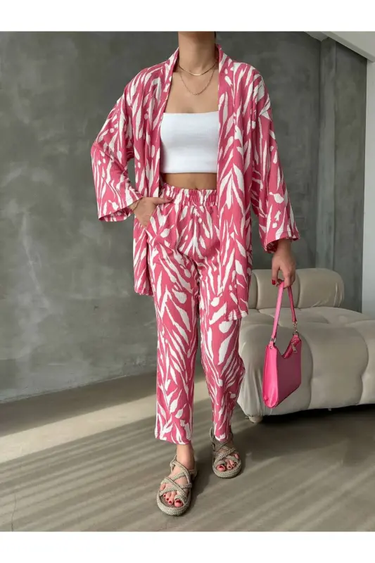 Кимоно ZEBRA DESENLİ Bürümcük Takım Elbise-FUŞYA ZEBRA - ALENMODA