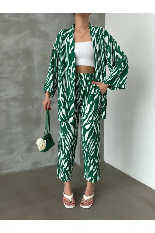 Kimono ZEBRA PATTERNED Crinkle Suit-GREEN ZEBRA - 1