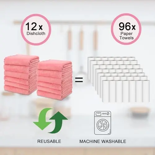 kimteny 12 Pack Microfiber Kitchen Dish Towels for Washing Dishes, Pink | 28x13 Inches, Reusable Kitchen Cleaning Cloth, 300 GSM Absorbent Towels for Dishes, Countertops & Sink - 4