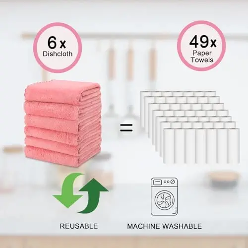 kimteny 6 Pack Microfiber Kitchen Dish Towels for Washing Dishes, Pink | 28x13 Inches, Reusable Kitchen Cleaning Cloth, 300 GSM Absorbent Towels for Dishes, Countertops & Sink - 5
