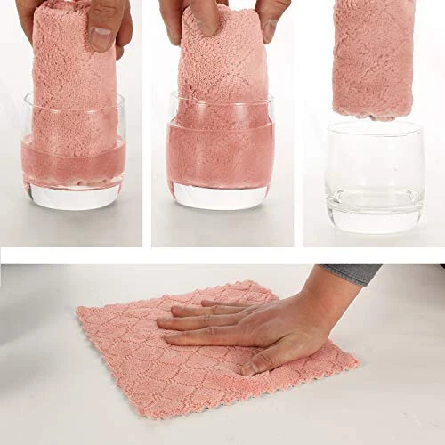 Kimteny чистящие салфетки для кухни, микрофибровые полотенца, безворсовые тряпки для посуды, многоразовые полотенца, супер впитывающие, быстросохнущие, 25x25 см, 5 шт (розово-серые) - 3