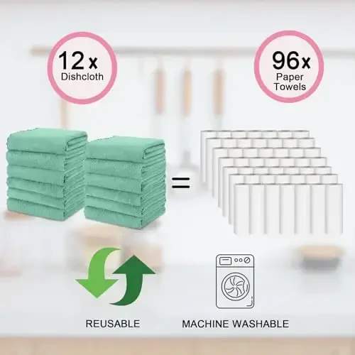 kimteny Kitchen Cloth Dish Towels, 13x28 Inches Premium Dishcloths, Super Absorbent Coral Velvet Microfiber Cleaning Cloths, Fast Drying Rags for Washing Dishes (13x28-12 Pack, Green) - 6