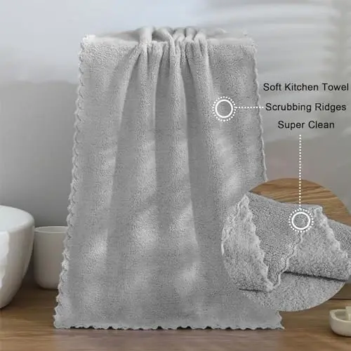 kimteny Kitchen Cloth Dish Towels, 13x28 Inches Premium Dishcloths, Super Absorbent Coral Velvet Microfiber Cleaning Cloths, Fast Drying Rags for Washing Dishes (13x28-12 Pack, Grey) - 6