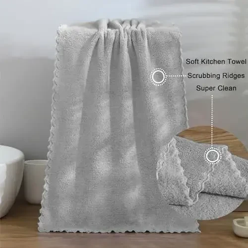 kimteny Oshxona Sochig'i Idish Sochiqlari, 13x28 dyuymli Premium Idish Sochiqlari, Super Absorbent Marjon Velvet Mikrofiber Tozalovchi Sochiqlar, Idishlarni Yuvish uchun Tez Quriydigan Latta (13x28-8 dona, Kulrang) - 6