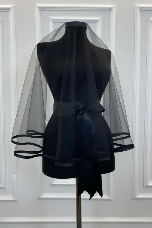 Kına Duvağı Seti Siyah Biyeli Duvak Kuşak Eldiven Tam Set Kına Gecesi Düğün Nikah-SİYAHBİYELİ - 2