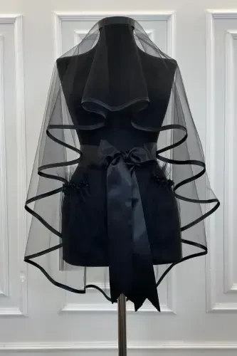 Kına Duvağı Seti Siyah Biyeli Duvak Kuşak Eldiven Tam Set Kına Gecesi Düğün Nikah-SİYAHBİYELİ - 4