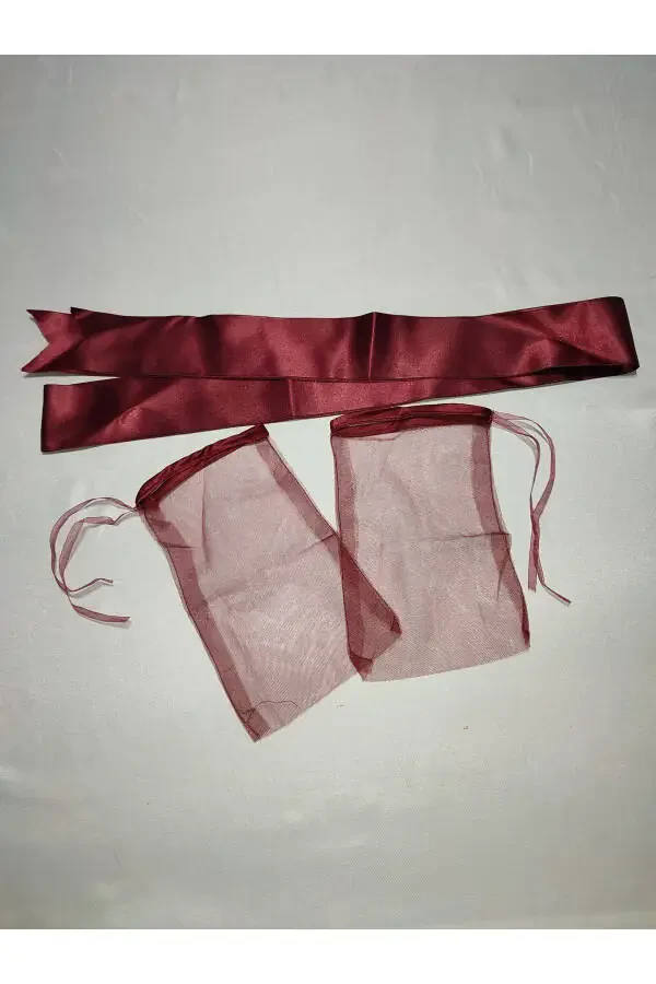 Kına Special Veil Set with Beaded Burgundy Bridal and Fabric Groom Kına Cover, Gloves and Belt - 54