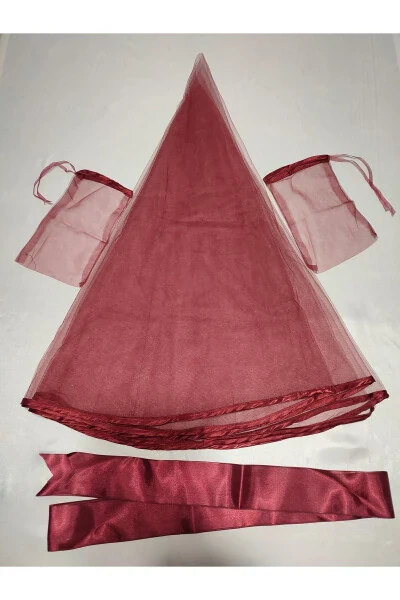 Kına Special Veil Set with Beaded Burgundy Bridal and Fabric Groom Kına Cover, Gloves and Belt - SIRMALIHOME (1)