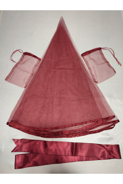 Kına Special Veil Set with Beaded Burgundy Bridal and Fabric Groom Kına Cover, Gloves and Belt - 42
