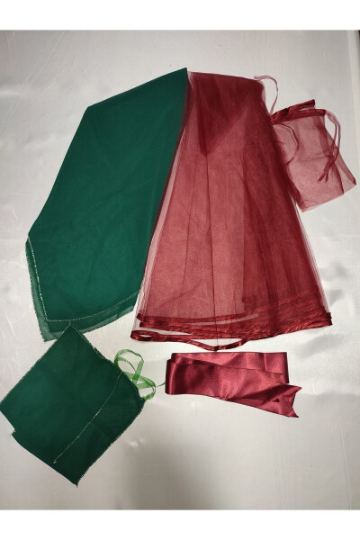 Kına Special Veil Set with Beaded Burgundy Bridal and Fabric Groom Kına Cover, Gloves and Belt - 9
