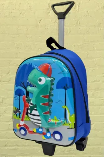 Kindergarten Creche Wheeled Dinosaur Character 5d Embossed 2-6 Age Backpack and School Bag-Green - 8