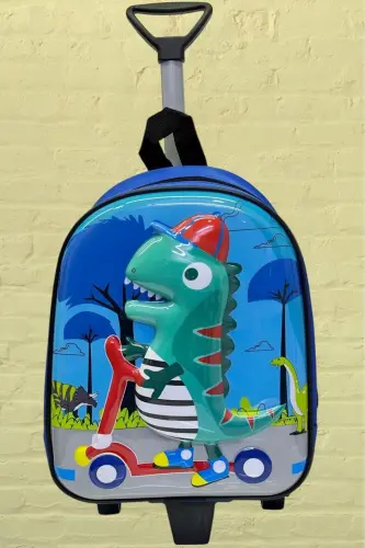 Kindergarten Creche Wheeled Dinosaur Character 5d Embossed 2-6 Age Backpack and School Bag-Green 