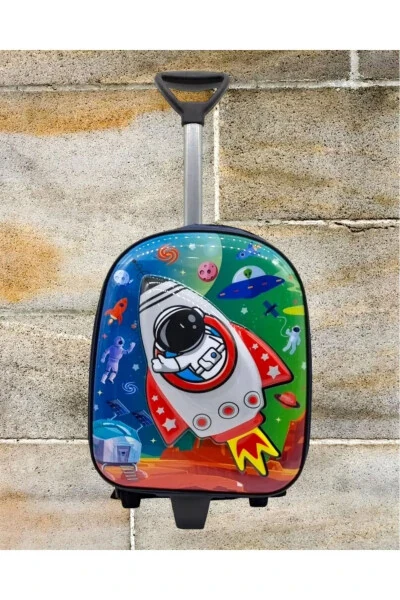 Kindergarten Preschool Rocket Galaxy Printed Embossed Pull-Along Wheeled School Bag Backpack - UNIQUERRS