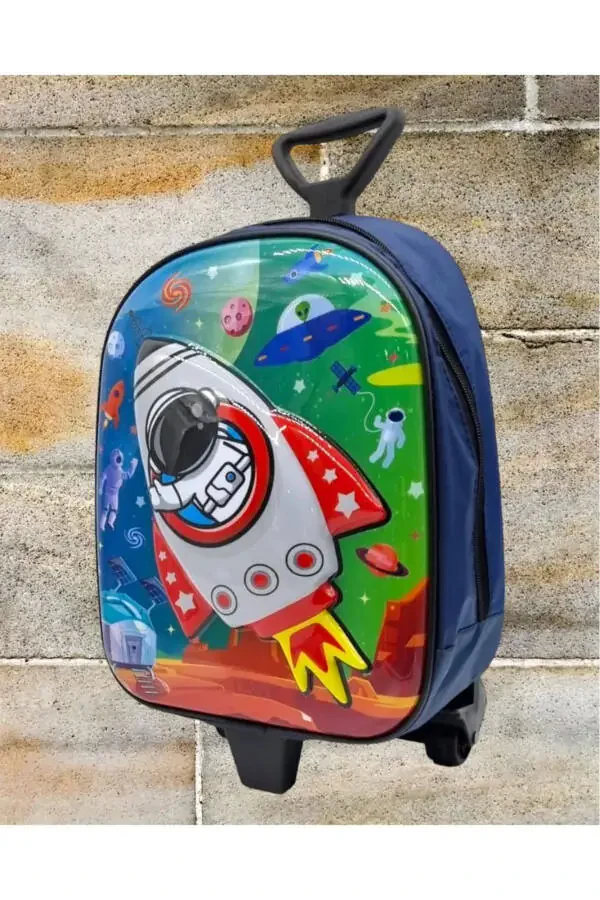 Kindergarten Preschool Rocket Galaxy Printed Embossed Pull-Along Wheeled School Bag Backpack - 2