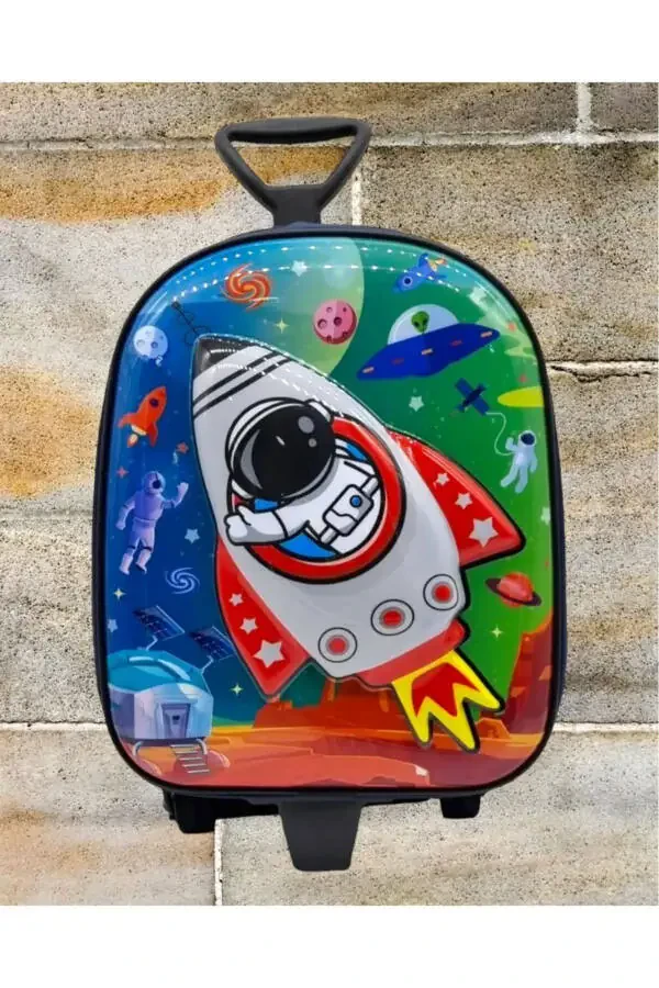 Kindergarten Preschool Rocket Galaxy Printed Embossed Pull-Along Wheeled School Bag Backpack - 3