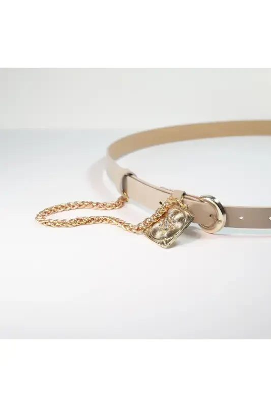 King Chain Medallion Detailed Women's Pants Belt, Jacket Belt, Dress Belt, Shirt Belt-BEIGE - 3