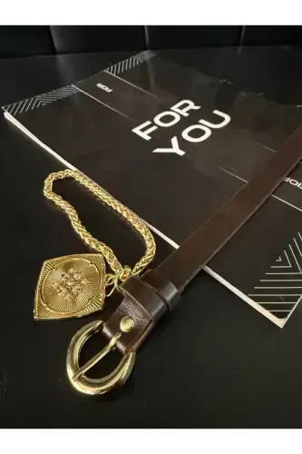 King Chain Medallion Detailed Women's Pants Belt, Jacket Belt, Dress Belt, Shirt Belt-Coffee - 3