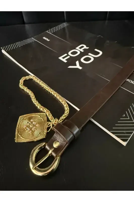 King Chain Medallion Detailed Women's Pants Belt, Jacket Belt, Dress Belt, Shirt Belt-Coffee - 3