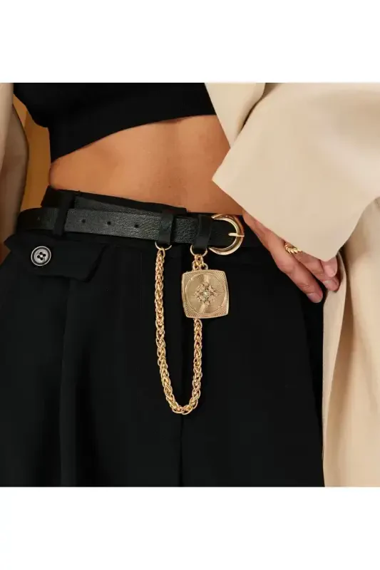 King Chain Medallion Detailed Women's Trousers Belt, Jacket Belt, Dress Belt, Shirt Belt - 4