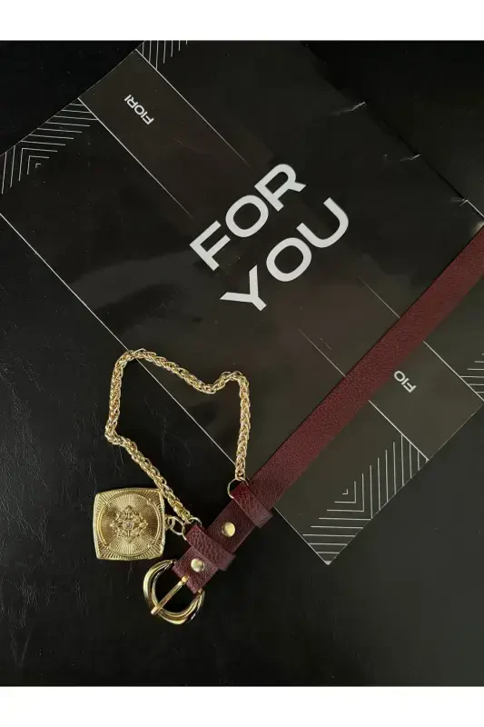 King Chained Medallion Detailed Women's Pants Belt, Jacket Belt, Dress Belt, Shirt Belt-Burgundy - FIORI