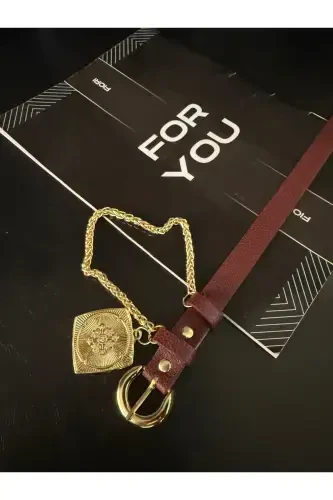 King Chained Medallion Detailed Women's Pants Belt, Jacket Belt, Dress Belt, Shirt Belt-Burgundy - 2