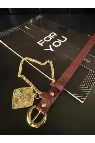 King Chained Medallion Detailed Women's Pants Belt, Jacket Belt, Dress Belt, Shirt Belt-Burgundy - 3