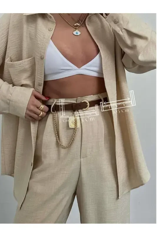 King Chained Medallion Detailed Women's Pants Belt, Jacket Belt, Dress Belt, Shirt Belt-TAN - FIORI