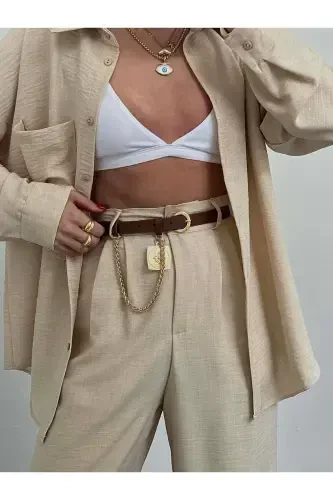 King Chained Medallion Detailed Women's Pants Belt, Jacket Belt, Dress Belt, Shirt Belt-TAN - 2