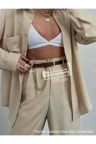 King Chained Medallion Detailed Women's Pants Belt, Jacket Belt, Dress Belt, Shirt Belt-TAN - 3