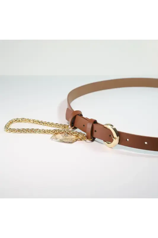 King Chained Medallion Detailed Women's Pants Belt, Jacket Belt, Dress Belt, Shirt Belt-TAN - 5