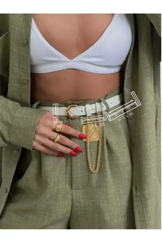 King Chained Medallion Detailed Women's Trousers Belt, Jacket Belt, Dress Belt, Shirt Belt-WHITE - FIORI